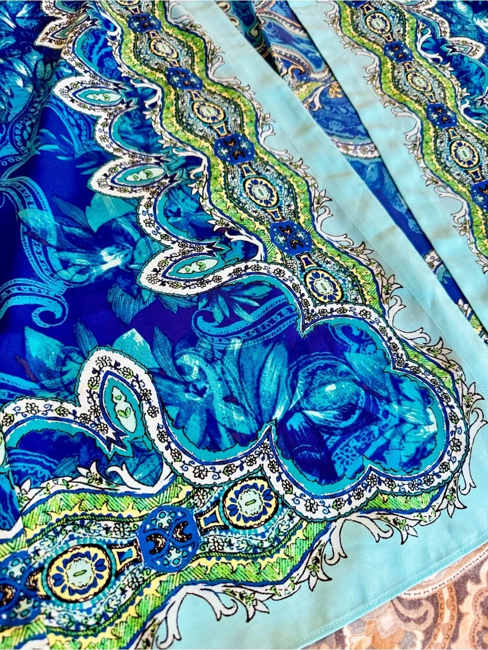 CHICO’S Silky Turquoise & Blue Paisley Medallion Open-Front Kimono Wrap Cardigan